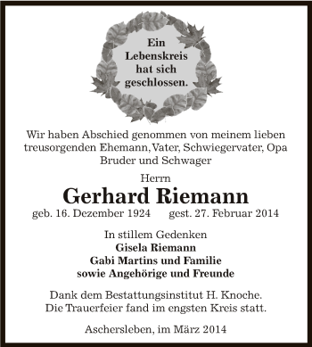 Traueranzeige von Gerhard Riemann von WVG - Wochenspiegel Aschersleben