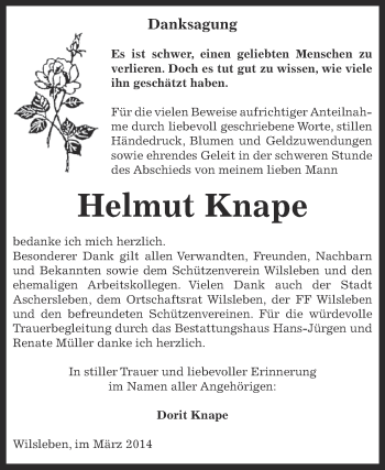 Traueranzeige von Helmut Knape von Super Sonntag Aschersleben