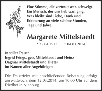 Traueranzeige von Margarete Mittelstaedt von Super Sonntag Bernburg