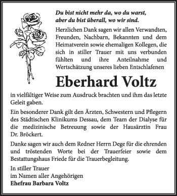 Traueranzeige von Eberhard Voltz von Super Sonntag Dessau / Köthen