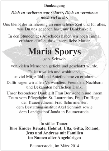 Traueranzeige von Maria Sporys von WVG - Wochenspiegel NMB / WSF / ZTZ