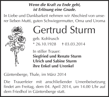 Traueranzeige von Gertrud Sturm von WVG - Wochenspiegel Quedlinburg