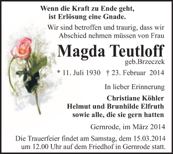 Traueranzeige von Magda Teutloff von WVG - Wochenspiegel Quedlinburg