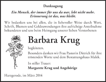 Traueranzeige von Barbara Krug von WVG - Wochenspiegel Quedlinburg