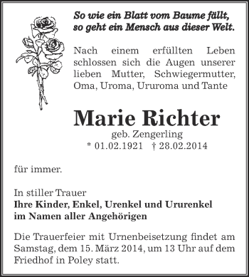 Traueranzeige von Marie Richter von Super Sonntag Bernburg