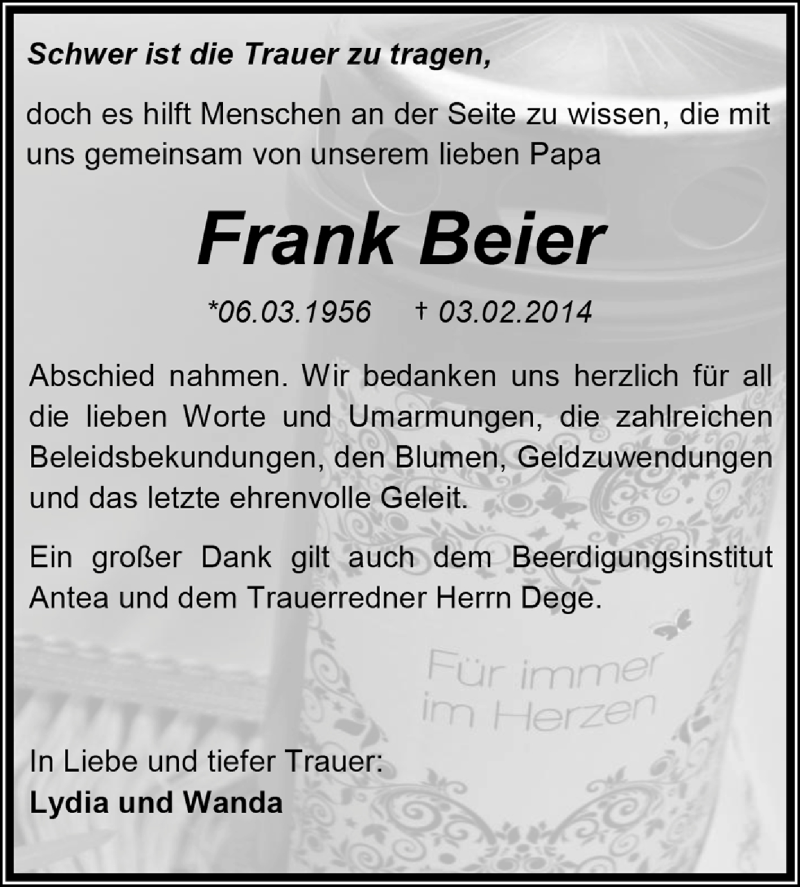  Traueranzeige für Frank Beier vom 09.03.2014 aus Super Sonntag Dessau / Köthen