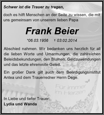 Traueranzeige von Frank Beier von Super Sonntag Dessau / Köthen