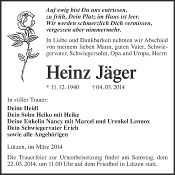 Traueranzeige von Heinz Jäger von WVG - Wochenspiegel Merseburg