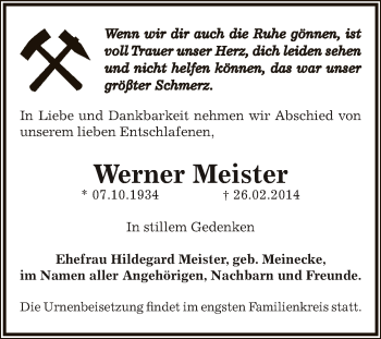 Traueranzeige von Werner Meister von Super Sonntag Zeitz