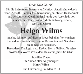 Traueranzeige von Helga Wilms von Super Sonntag Merseburg