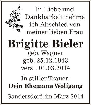 Traueranzeige von Brigitte Bieler von WVG - Wochenspiegel Bitterfeld
