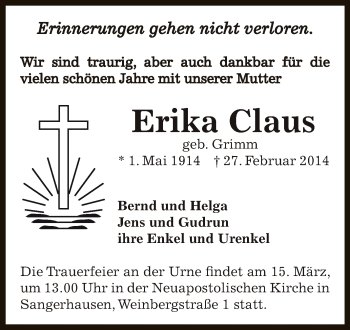 Traueranzeige von Erika Claus von Super Sonntag SGH Mansf. Land