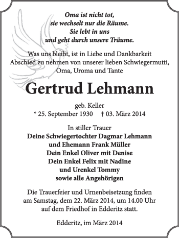 Traueranzeige von Gertrud Lehmann von Super Sonntag Dessau / Köthen