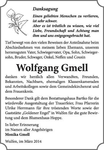 Traueranzeige von Wolfgang Gmell von Super Sonntag Dessau / Köthen