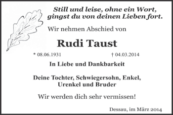 Traueranzeige von Rudi Taust von Super Sonntag Dessau / Köthen