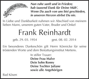 Traueranzeige von Frank Reinhardt von WVG - Wochenspiegel NMB / WSF / ZTZ