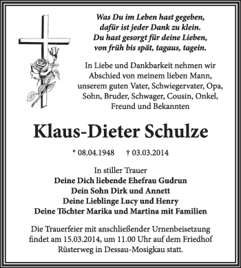 Traueranzeige von Klaus-Dieter Schulze von Super Sonntag Dessau / Köthen