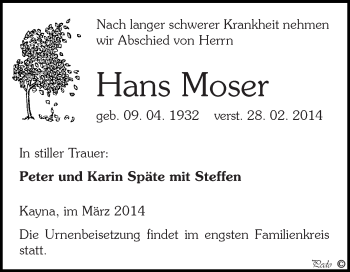Traueranzeige von Hans Moser von Super Sonntag Zeitz