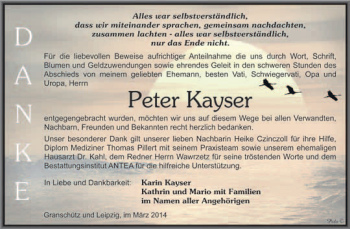 Traueranzeige von Peter Kayser von WVG - Wochenspiegel NMB / WSF / ZTZ