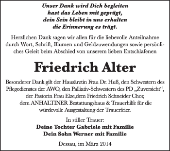 Traueranzeige von Friedrich Alter von Super Sonntag Dessau / Köthen