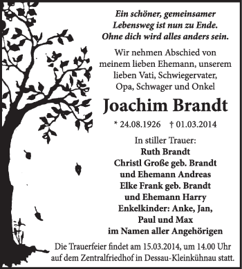 Traueranzeige von Joachim Brandt von Super Sonntag Dessau / Köthen