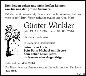 Traueranzeige von Günter Winkler von Super Sonntag Zeitz