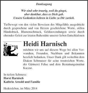 Traueranzeige von Heidi Harnisch von WVG - Wochenspiegel Quedlinburg