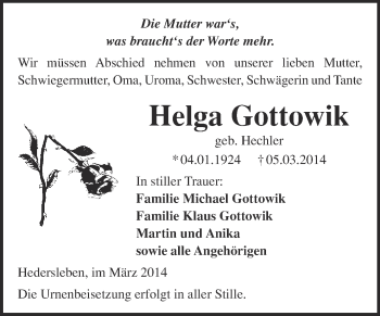 Traueranzeige von Helga Gottowik von WVG - Wochenspiegel Quedlinburg