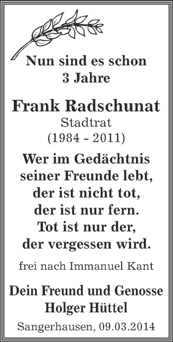 Traueranzeige von Frank Radschunat von Super Sonntag SGH Mansf. Land