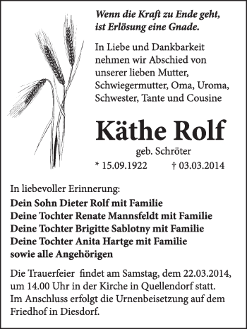 Traueranzeige von Käthe Rolf von Super Sonntag Dessau / Köthen