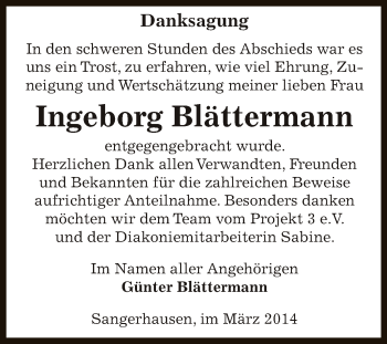 Traueranzeige von Ingeborg Blättermann von Super Sonntag SGH Mansf. Land