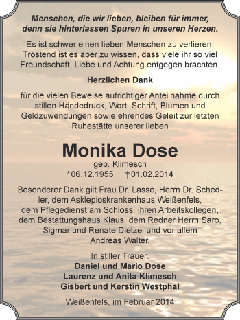 Traueranzeige von Monika Dose von WVG - Wochenspiegel NMB / WSF / ZTZ