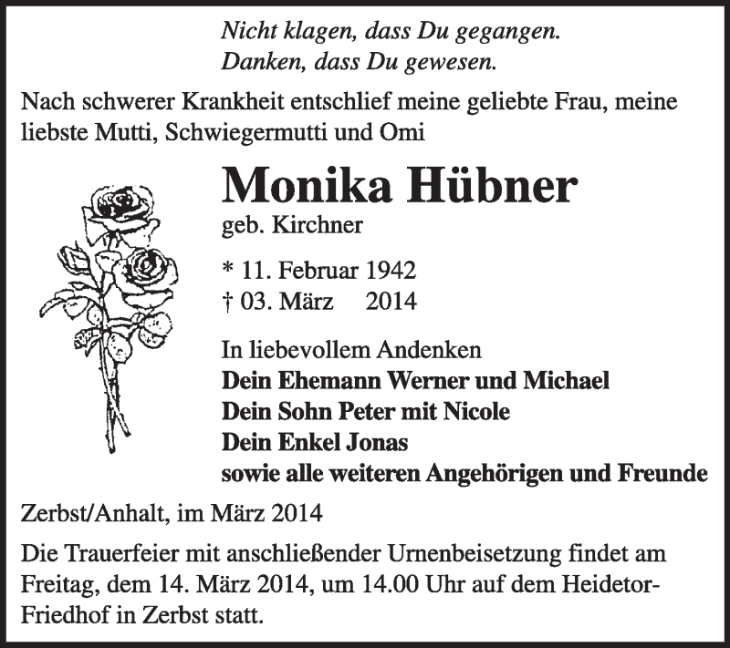  Traueranzeige für Monika Hübner vom 09.03.2014 aus Super Sonntag Dessau / Köthen