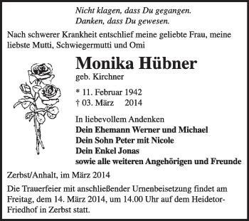Traueranzeige von Monika Hübner von Super Sonntag Dessau / Köthen