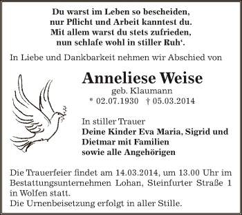 Traueranzeige von Anneliese Weise von WVG - Wochenspiegel Bitterfeld