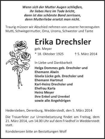 Traueranzeige von Erika Drechsler von Super Sonntag Quedlinburg