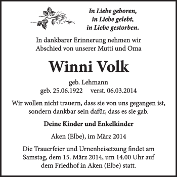 Traueranzeige von Winni Volk von Super Sonntag Dessau / Köthen