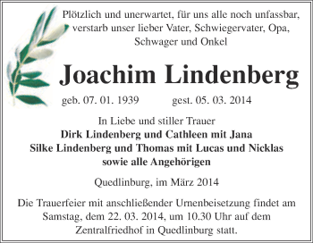 Traueranzeige von Joachim Lindenberg von WVG - Wochenspiegel Quedlinburg