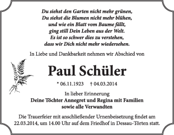 Traueranzeige von Paul Schüler von Super Sonntag Dessau / Köthen