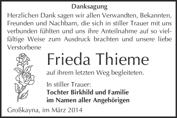 Traueranzeige von Frieda Thieme von WVG - Wochenspiegel Merseburg