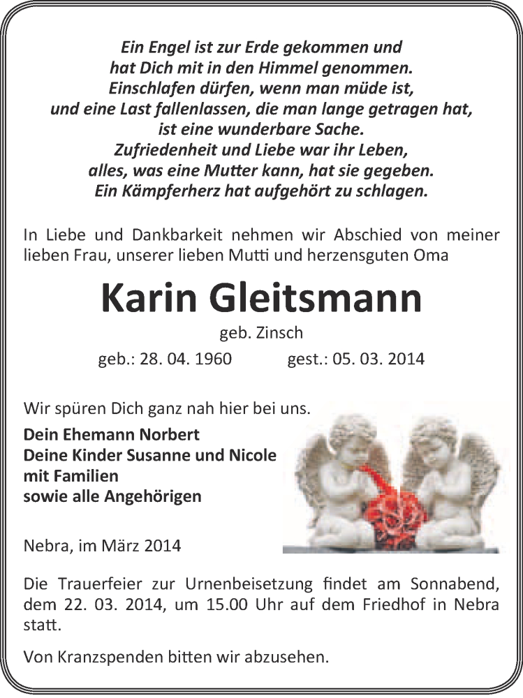  Traueranzeige für Karin Gleitsmann vom 12.03.2014 aus WVG - Wochenspiegel NMB / WSF / ZTZ