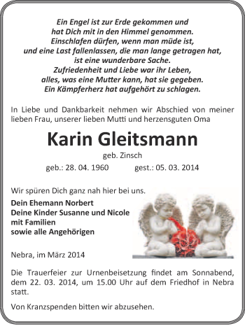 Traueranzeige von Karin Gleitsmann von WVG - Wochenspiegel NMB / WSF / ZTZ