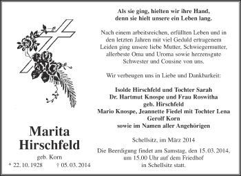 Traueranzeige von Marita Hirschfeld von WVG - Wochenspiegel NMB / WSF / ZTZ