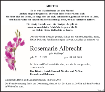 Traueranzeige von Rosemarie Albrecht von WVG - Wochenspiegel NMB / WSF / ZTZ