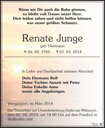 Traueranzeige von Renate Junge von WVG - Wochenspiegel NMB / WSF / ZTZ