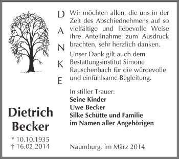 Traueranzeige von Dietrich Becker von WVG - Wochenspiegel NMB / WSF / ZTZ