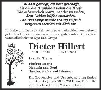 Traueranzeige von Dieter Hillert von WVG - Wochenspiegel Dessau / Köthen