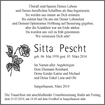 Traueranzeige von Sitta Pescht von Super Sonntag SGH Mansf. Land