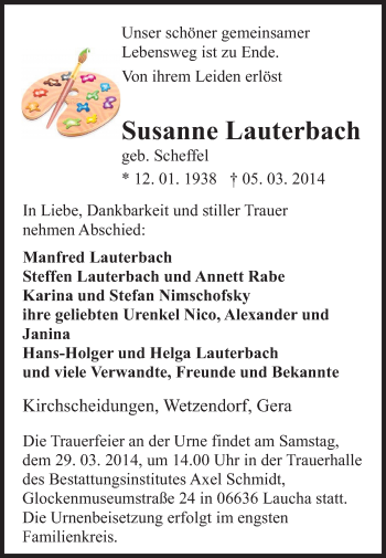 Traueranzeige von Susanne Lauterbach von WVG - Wochenspiegel NMB / WSF / ZTZ
