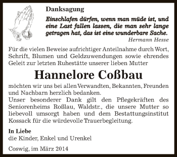 Traueranzeige von Hannelore Coßbau von WVG - Wochenspiegel Dessau / Köthen